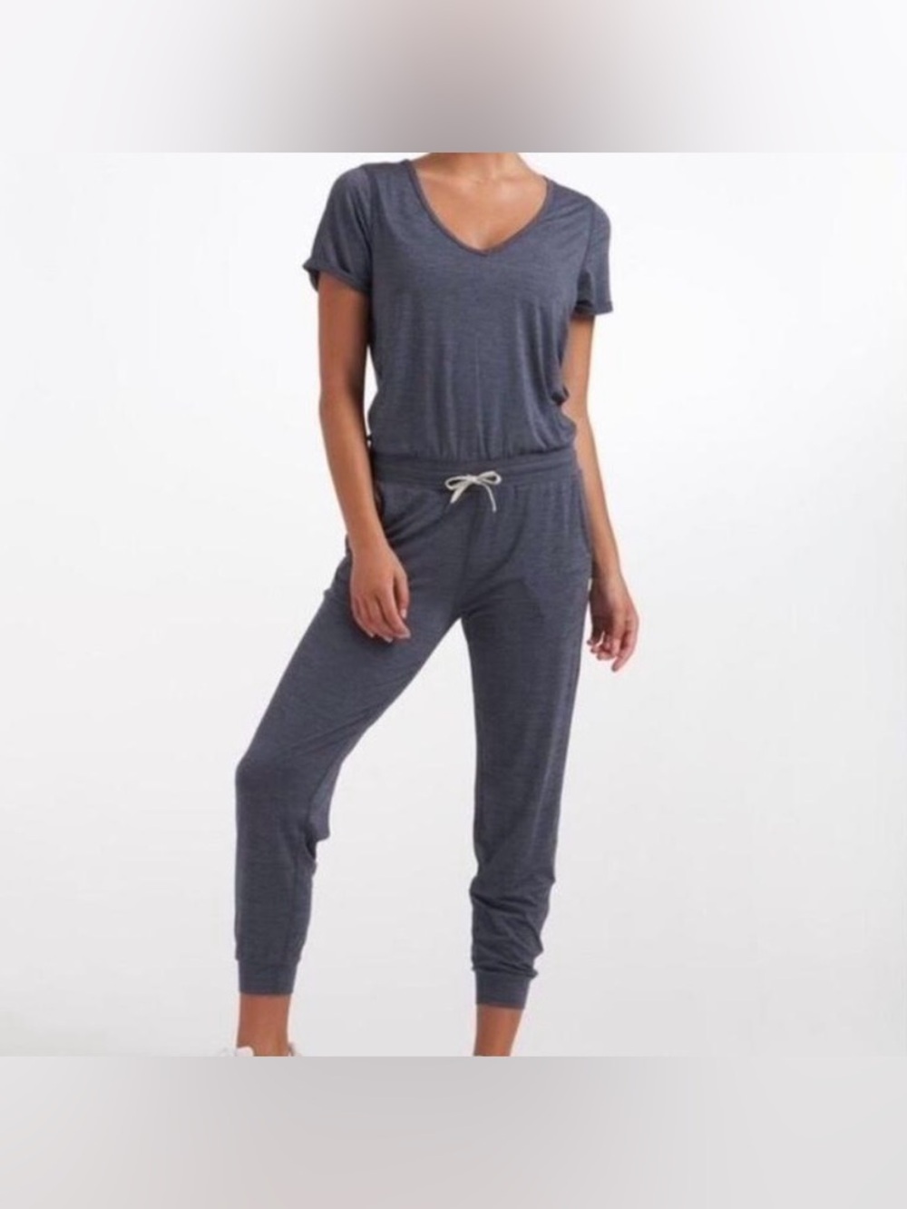Vuori Azure Heather Short Sleeve V Neck All Day Jumpsuit Romper